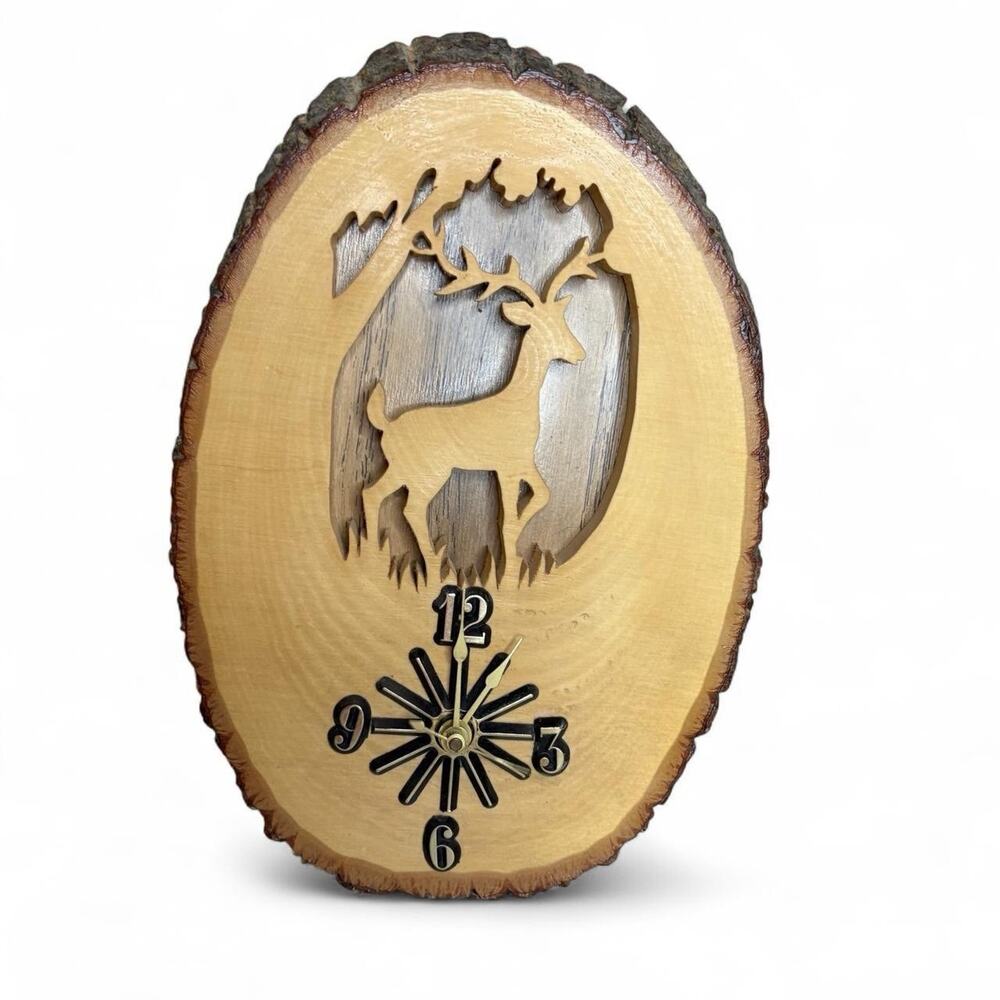 Vintage Hand Carved Wood Wall Clock Deer Forest Rustic Bark Edge Works
